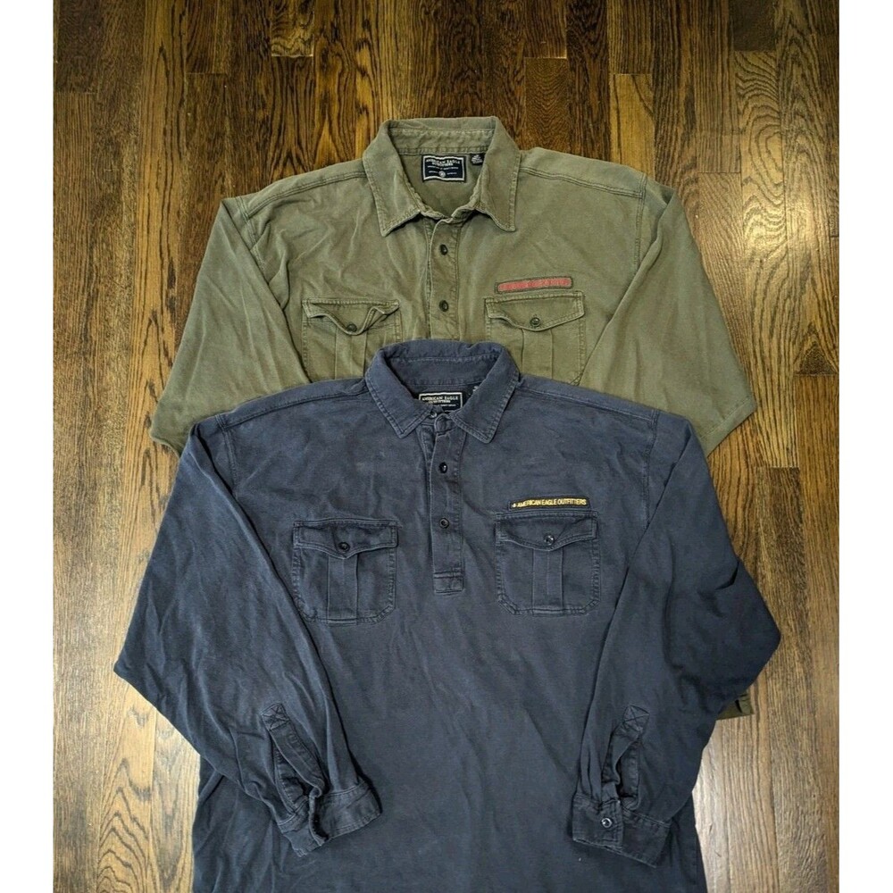 American Eagle Military Style Shirts Lot Of 2 Men's XL Army Green Navy Cotton